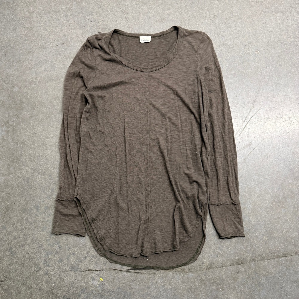 Emberley Long Sleeve Slub Knit Scoop Neck High Low Hem Top Olive Brown